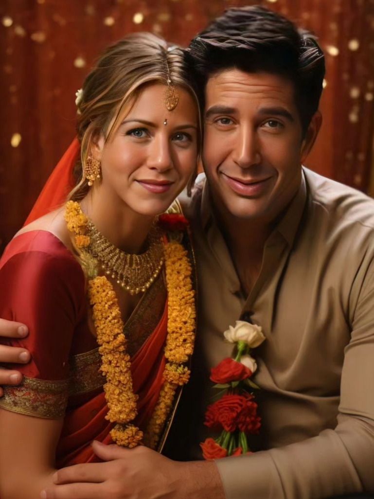 AI images of Friends characters Monica, Chandler, Rachel, Ross, Phoebe played by Courtney Cox, Jennifer Aniston, Matthew Perry and others in ethnic wear attending Indian wedding
