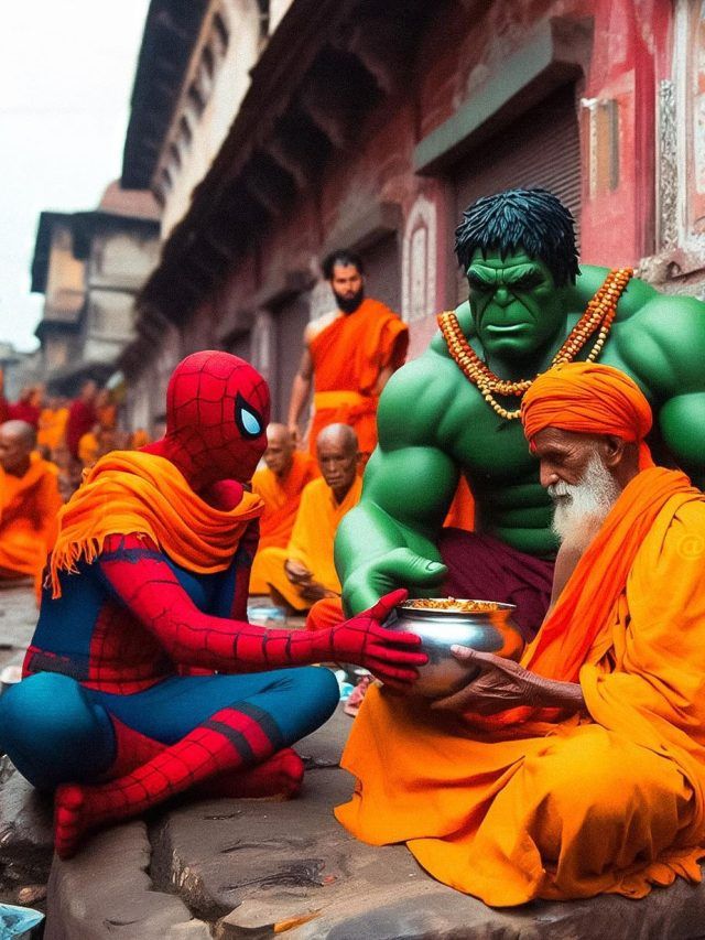AI Images: Avengers at Ram Mandir? Spider Man with Saadhu Baba, Thor playing Tabla, Superman with Marigold flowers