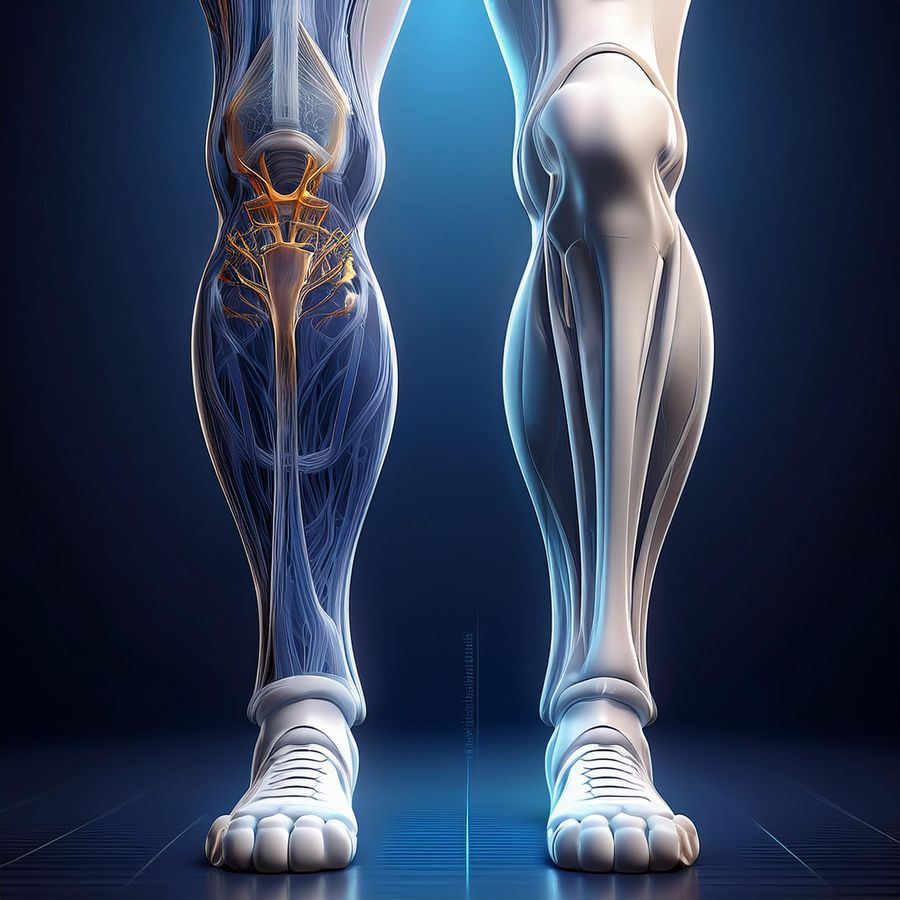 A 3D-rendered medical diagram showing an astronaut's shin bones before and after jump training 14-02-2025 at 13-39-15