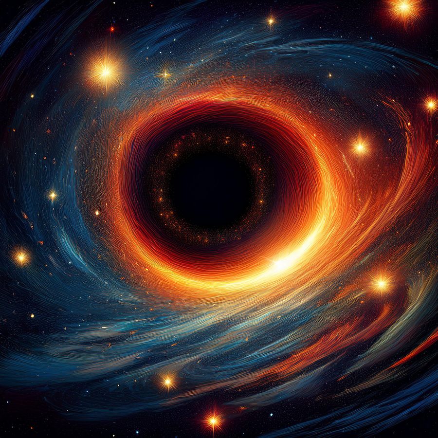Depict stars orbiting wildly around a black hole, moving in chaotic, unpredictable paths 25-02-2025 at 12-12-26
