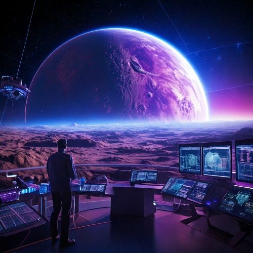 Firefly An alien planet orbiting a distant star, its surface radiating a purple hue. Futuristic tele