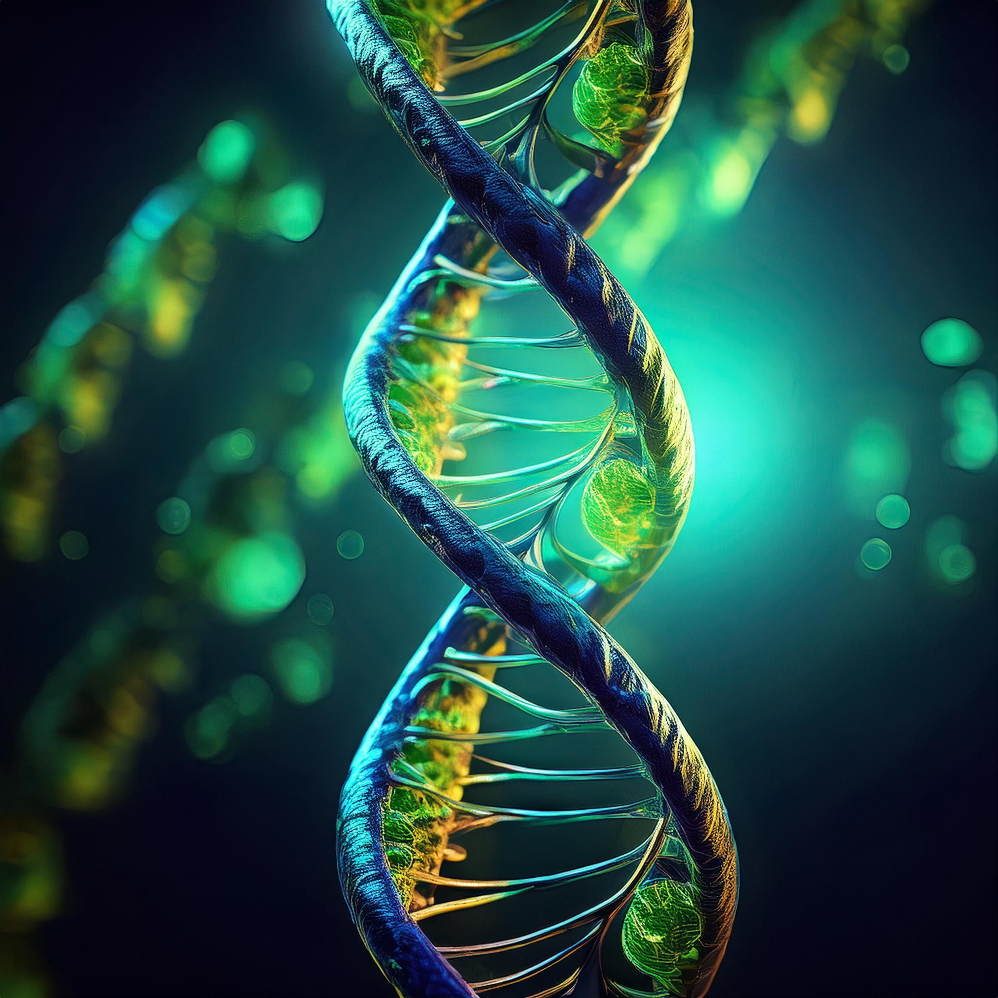Illustrate a surreal scene_ two intertwined DNA strands, one glowing green for photosynthesis, the o 25-02-2025 at 11-28-46