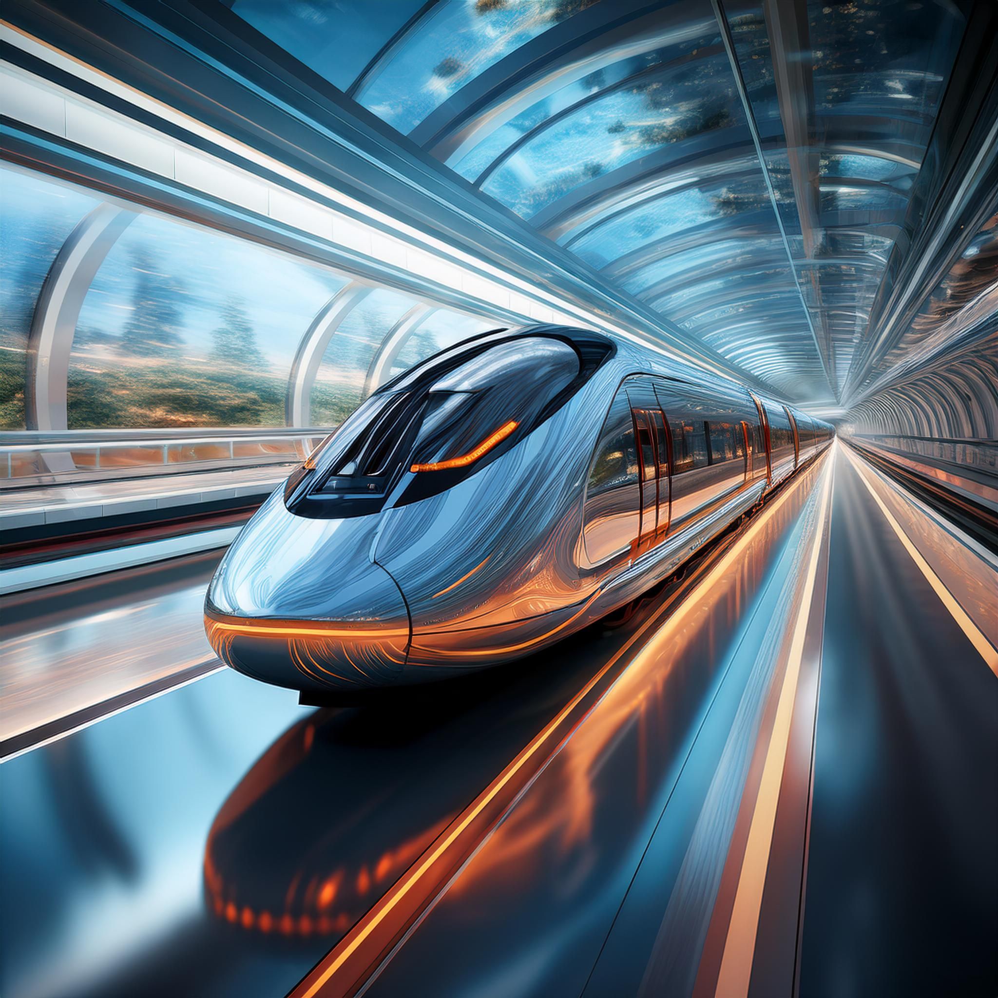 Show a sleek, futuristic hyperloop train prototype, floating inside a glass vacuum tube 25-02-2025 at 10-54-25