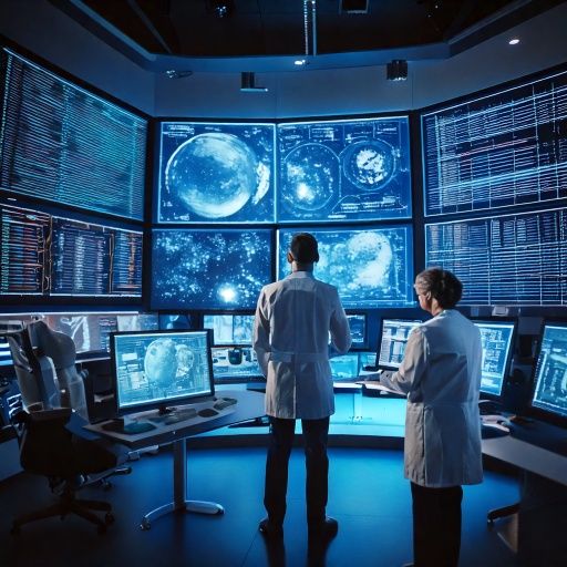 Firefly A cosmic perspective—scientists analyzing data on large digital screens, discovering multipl