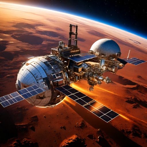 Firefly -A futuristic space station orbiting Mars, with sections protected by metallic foam shieldin