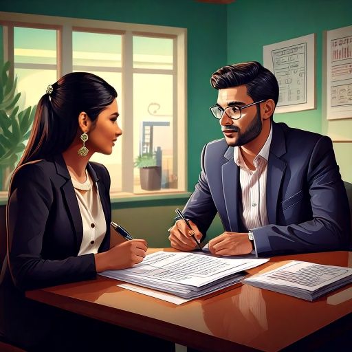 Firefly Illustrate an accountant explaining tax rules to a woman in a formal setting. The scene incl
