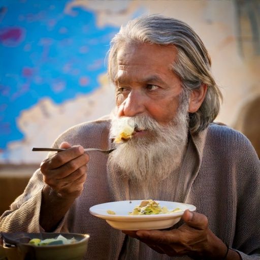 Firefly A wise elder in a peaceful village setting eating a small portion, with a map showing “Blue