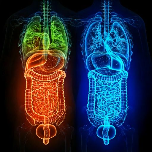 Firefly Two glowing digestive tracts—Indian and Japanese—side by side. Indian gut shows microbes fro
