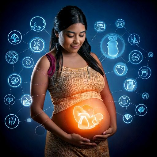 Firefly A pregnant Indian woman with a glowing fetus inside, surrounded by nutrition-related icons.