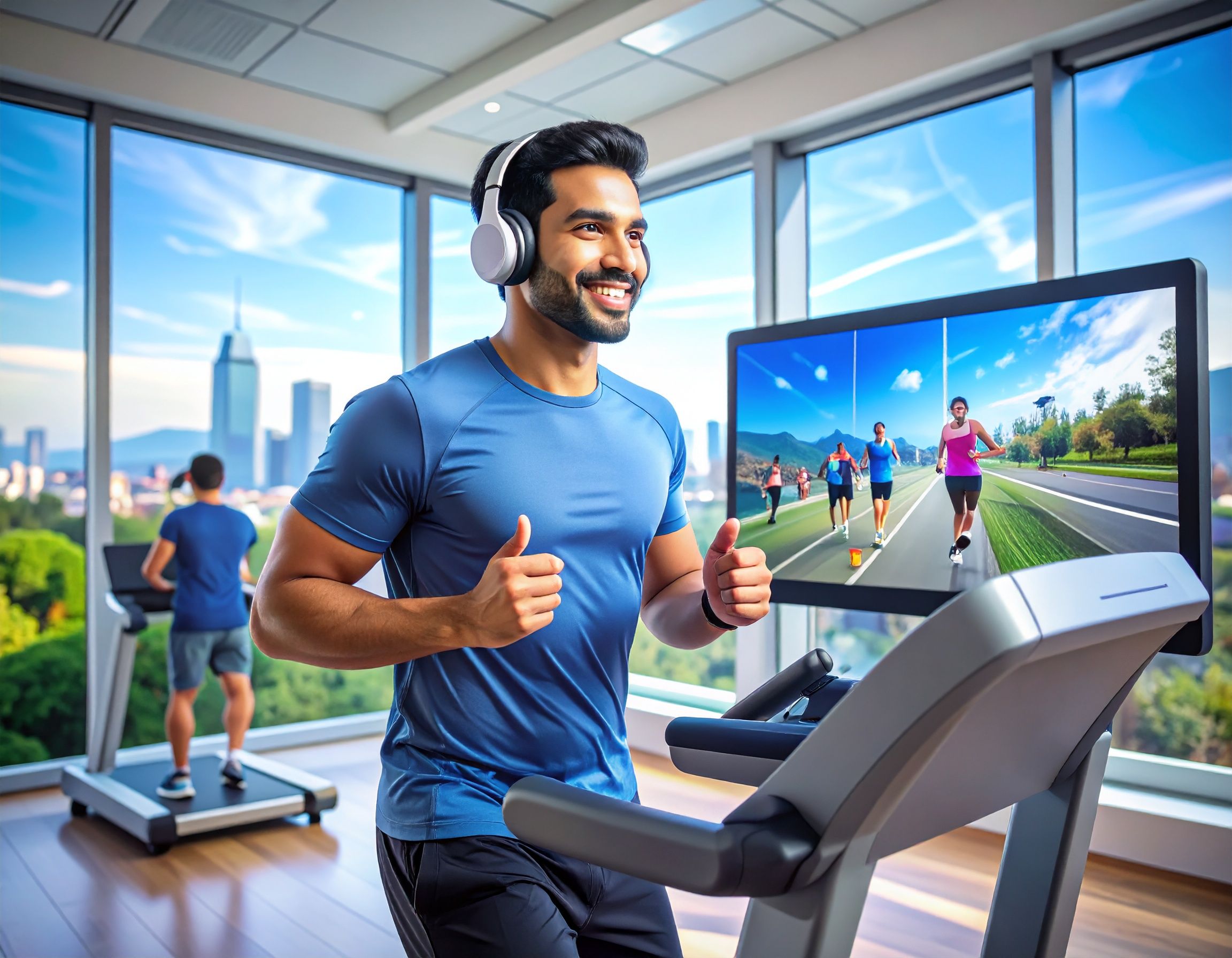 Firefly A treadmill runner wearing headphones, surrounded by motivational elements like a cheering v