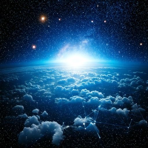Firefly A vast, starless expanse of deep space with glowing icy clouds forming complex molecular pat