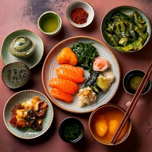 Firefly A vibrant flat lay of traditional Korean foods like kimchi, seaweed, and green tea, styled b