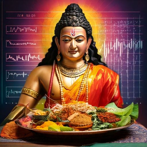 Firefly A vibrant, plant-based Indian thali placed in front of Lord Mahavir, radiating light. Behind