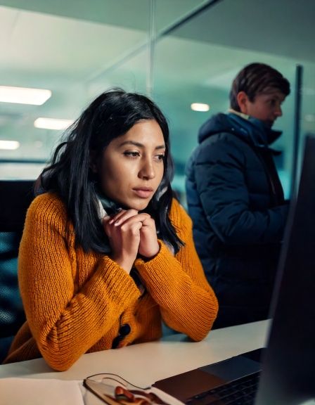 Firefly A woman in a cold office looking distracted, shivering, trying to focus at her desk, while a