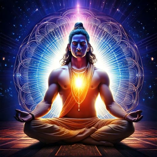 Firefly Lord Mahavir meditating with a glowing light centered at his navel (representing prana), sur