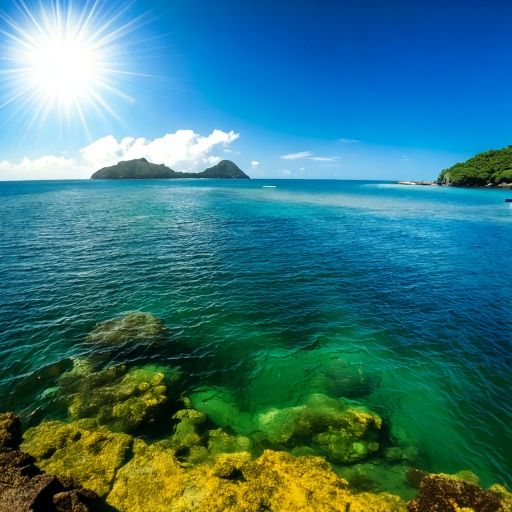 Firefly -Modern Iwo Jima surrounded by emerald-green waters with glowing algae blooms, sunlight glis