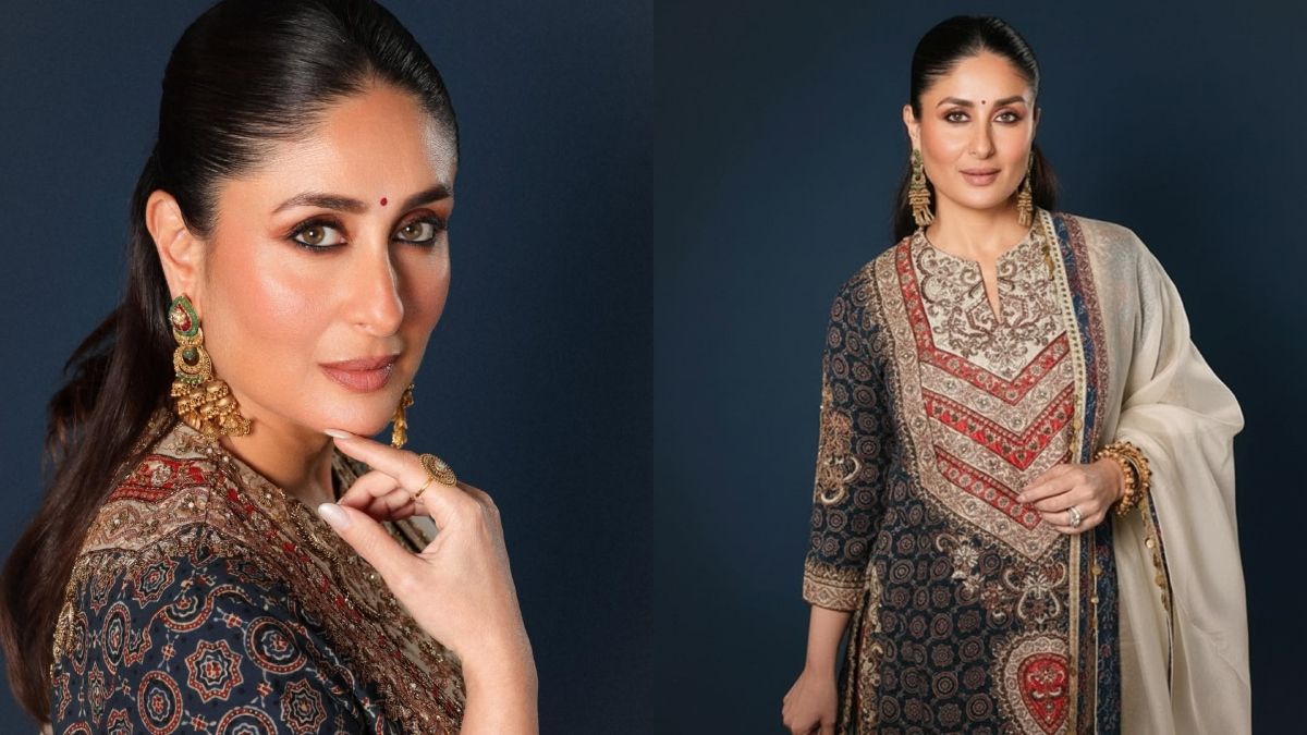 माथे पर बिंदी लगा 'देसी क्वीन' बनीं करीना, लाखों के अजरख प्रिंट सूट में ढाया कहर