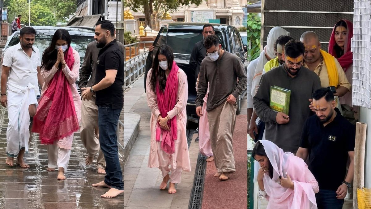 पिंक सलवार-सूट, गले में तुलसी माला, वृंदावन में अनुष्का के सिंपल लुक ने जीता दिल